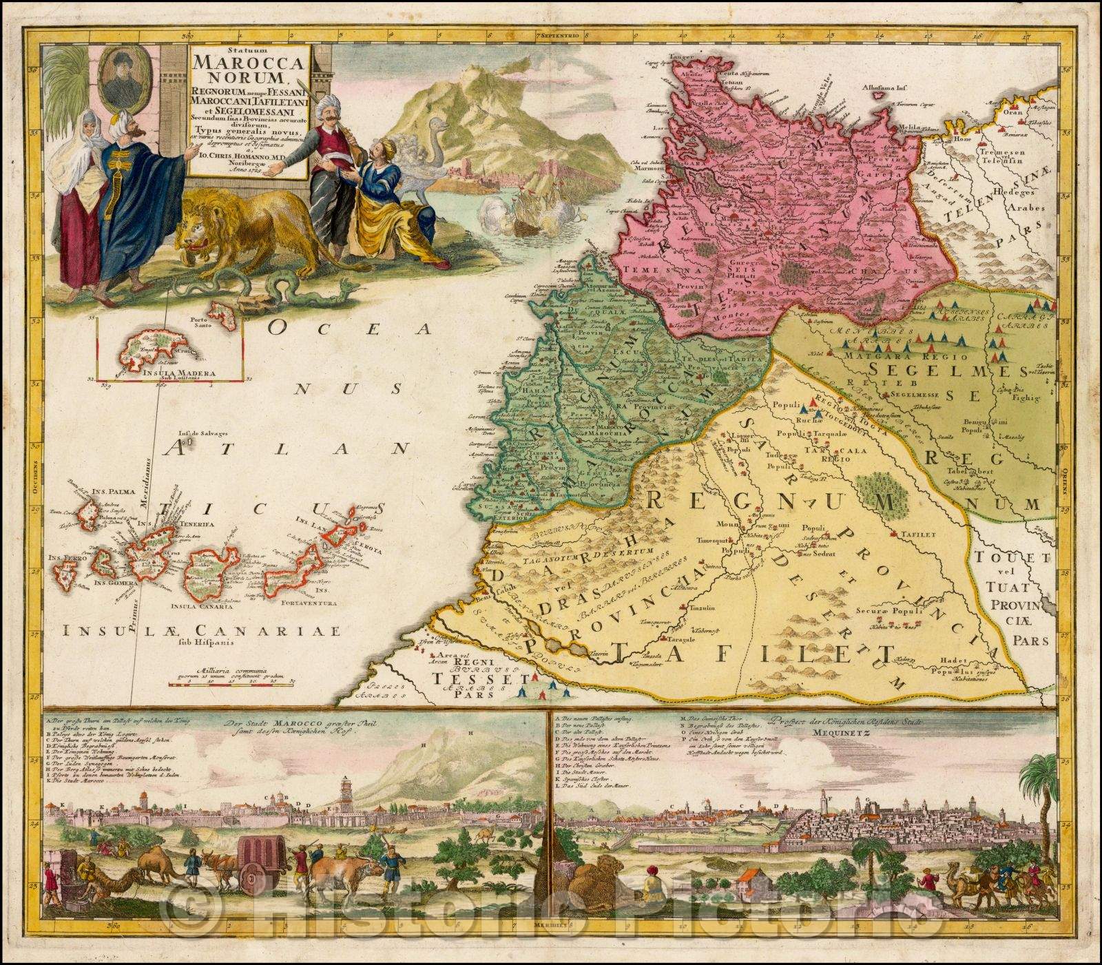 Historic Map - Morocco, with two city views below/Statuum Maroccanorum, Regnorum nempe Fessani, Maroccani, Tafiletanin, 1728 v1
