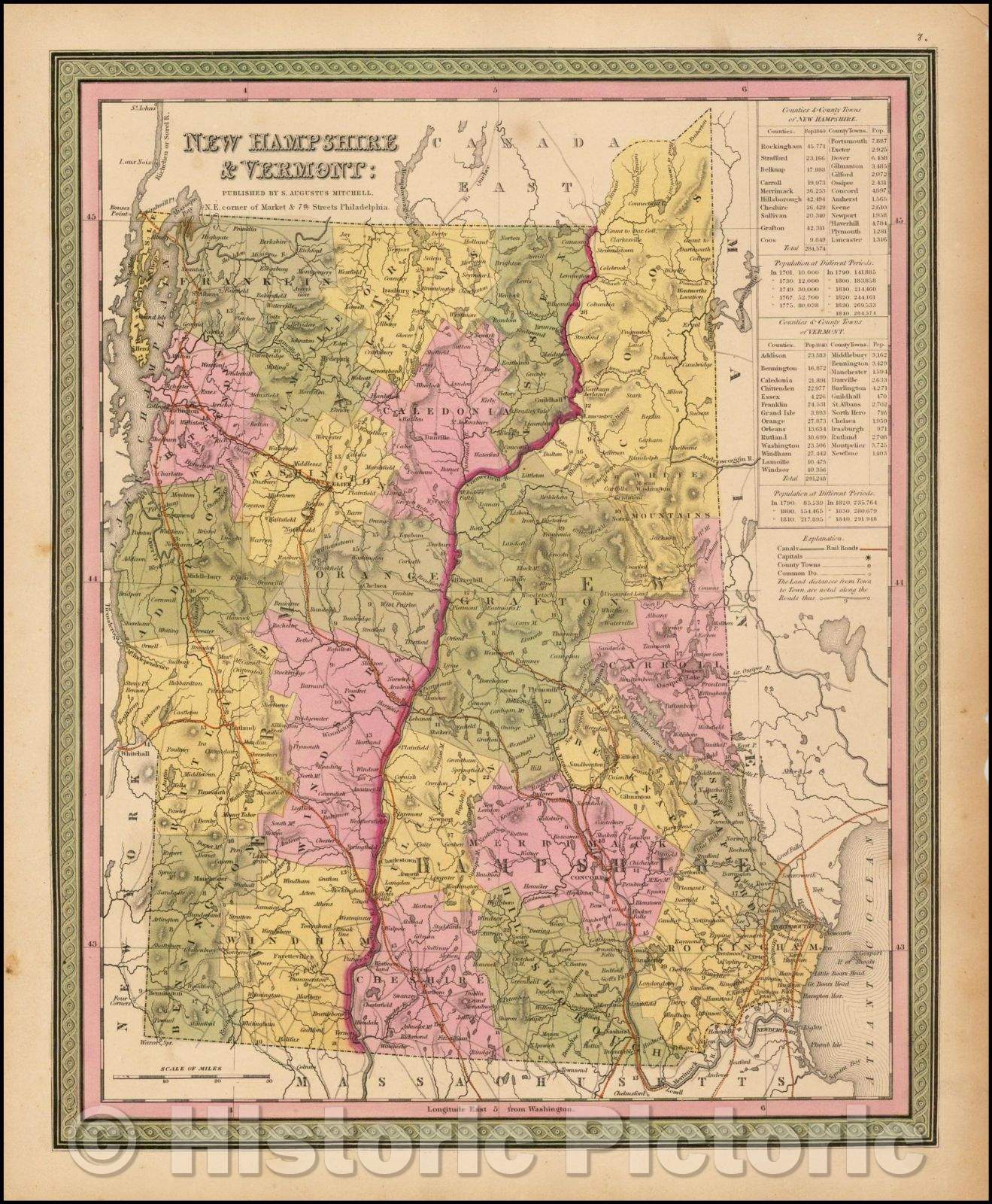 Historic Map - New Hampshire & Vermont, 1847, Samuel Augustus Mitchell - Vintage Wall Art