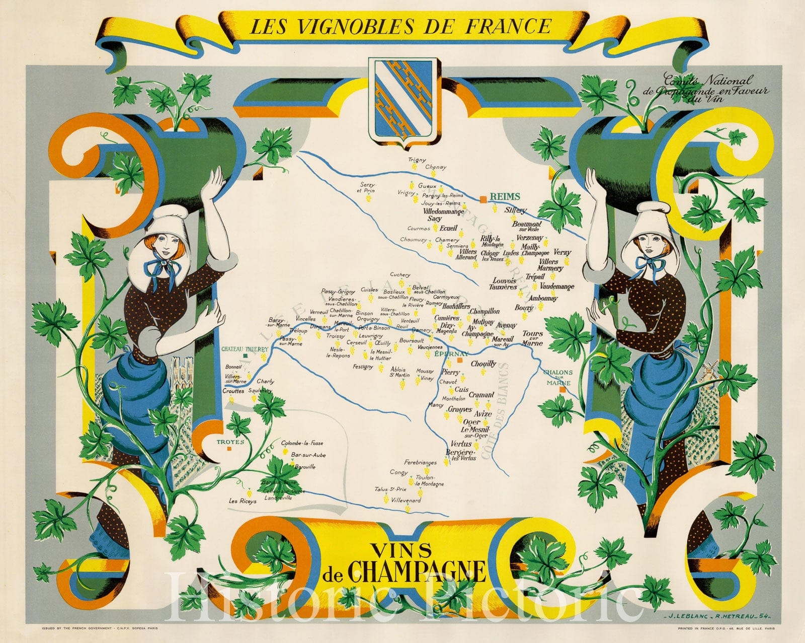Historic Map - Les Vignobles De France - Vins De Champagne The Vineyards of France - Wines of Champagne, 1954, Remy Hetreau v1