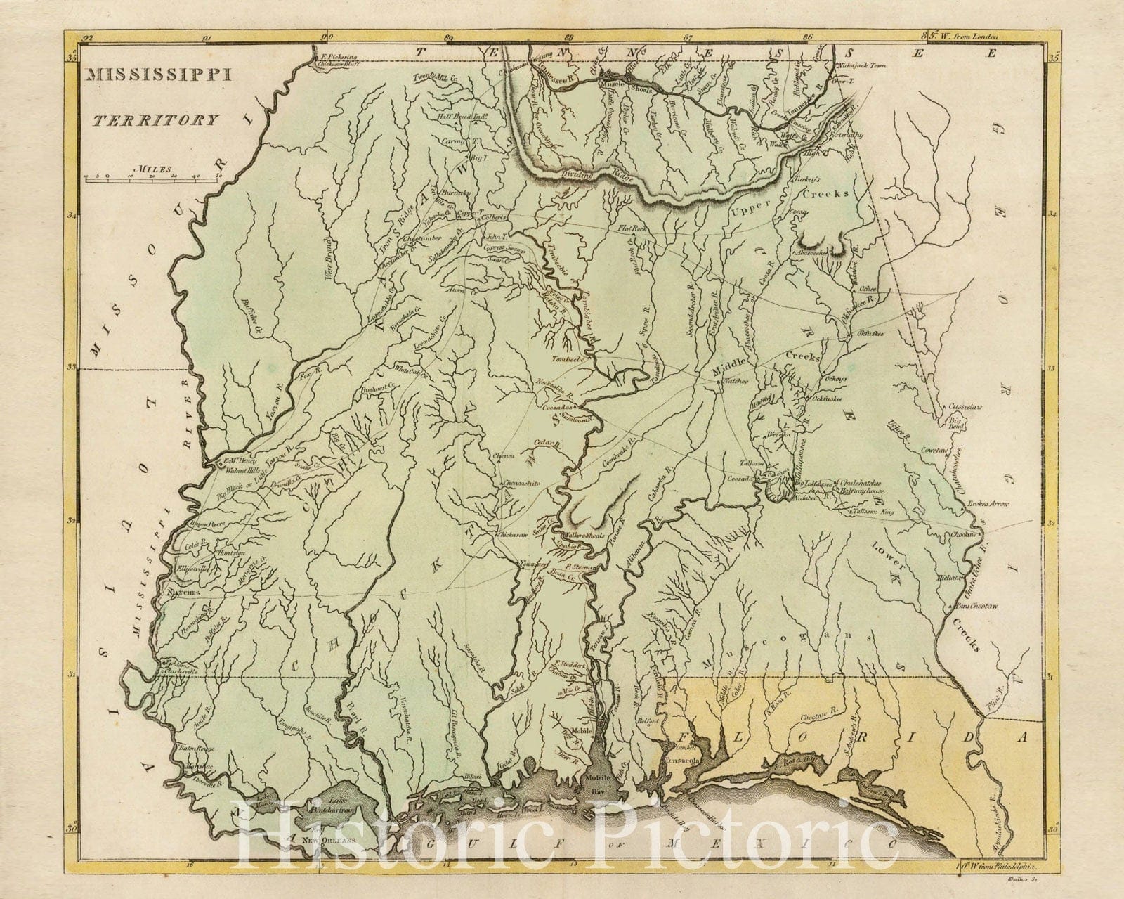 Historic Map - Mississippi Territory (Rare Full Original Color Example), 1814, Matthew Carey - Vintage Wall Art