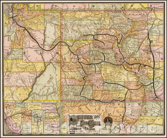 Historic Map - Denver and Rio Grande Railroad System, 1885, Denver & Rio Grande RR - Vintage Wall Art