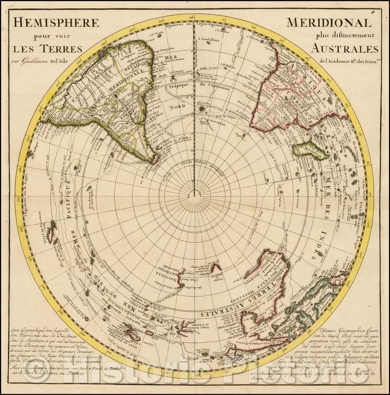 Historic Map - Hemisphere Meridional pour voir plus distinctement Les Terres Australes, 1726, Hendrick De Leth - Vintage Wall Art