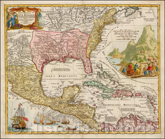 Historic Map - Regni Mexicani seu Novae Hispaniae Ludovicianae N. Angliae, Carolinae, Virginia, et Pennsylvaniae, 1720, Johann Baptist Homann v4