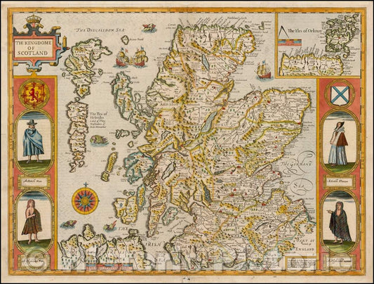 Historic Map - The Kingdome of Scotland, 1676, John Speed - Vintage Wall Art
