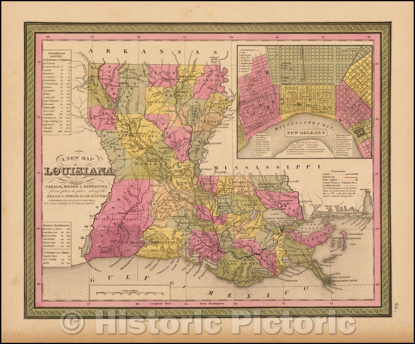 Historic Map - Louisiana with its Canals, Roads, Distances from Place to Place, along the Stage & Steam Boat Routes, 1847, Samuel Augustus Mitchell - Vintage Wall Art
