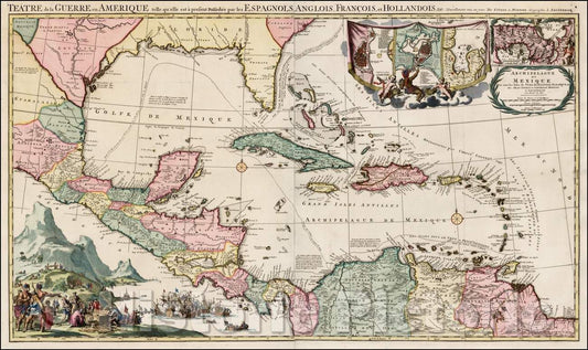 Historic Map - Theater of War in America/Teatre de la Guerre en Amerique telle qu'elle est a present Possedee par les Espagnols, Anglois, Francois, 1715 v2