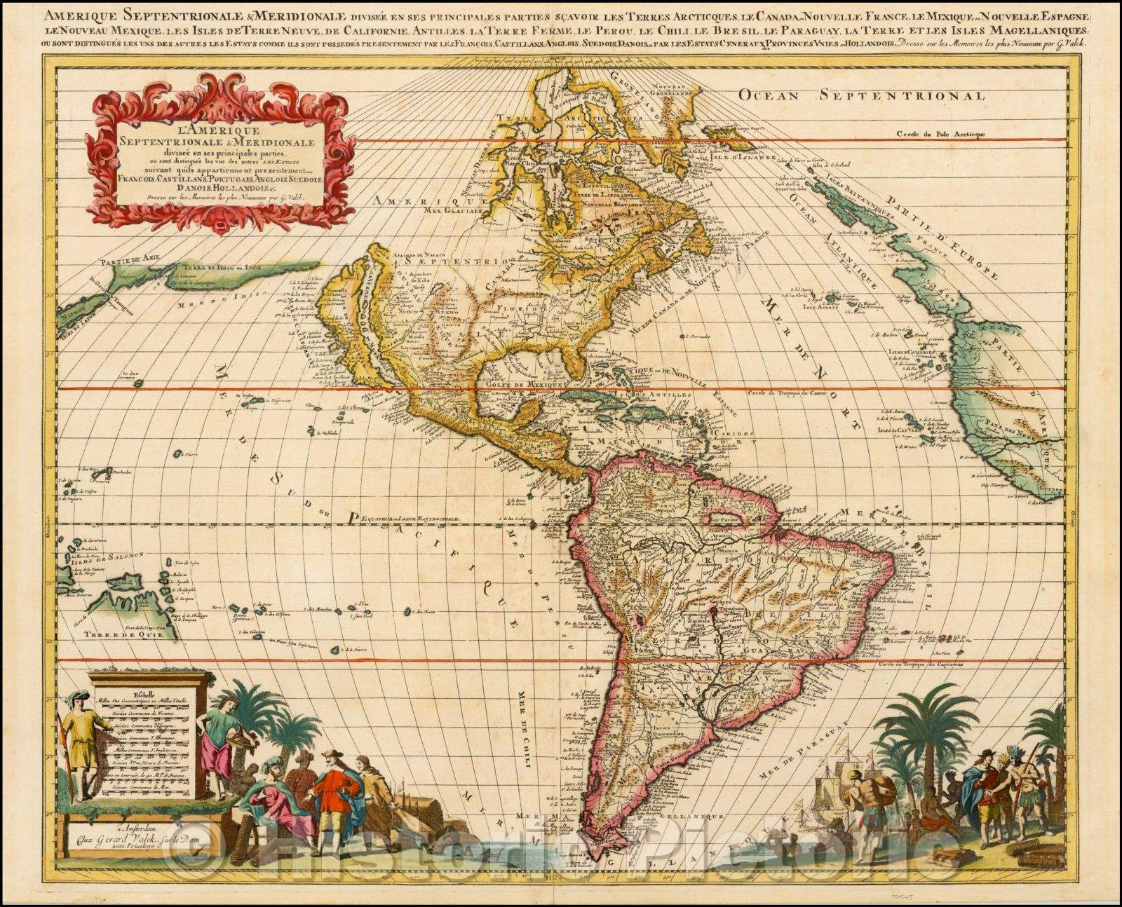 Historic Map - L'Amerique Septentrionale & Meridionale divisee en ses principales parties, 1702, Gerard Valk - Vintage Wall Art