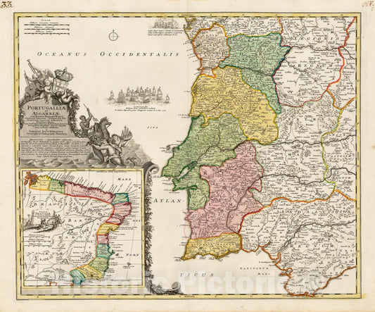 Historic Map - Portugalliae et Algarbiae/Homann Map of Portugal with a large inset of Brazil, showing its 12 captaincies, 1720, Johann Baptist Homann - Vintage Wall Art