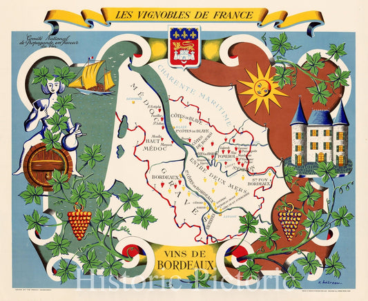 Bordeaux Wine Regions - France, 1954 Historical Map Print