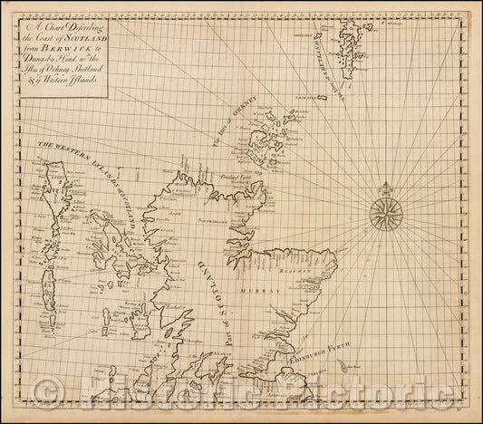 Historic Map - A Chart Describing the Coat of Scotland from Berwick to Dungs, 1728, John Senex - Vintage Wall Art