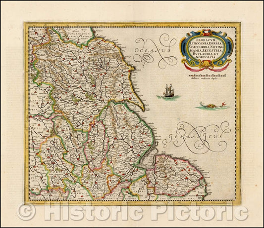Historic Map - Eboracum Lincolnia, Derbia, Staffordia, Notinghamia, Lecestria, Rutlandia, et Norfolcia, 1630, Henricus Hondius v2