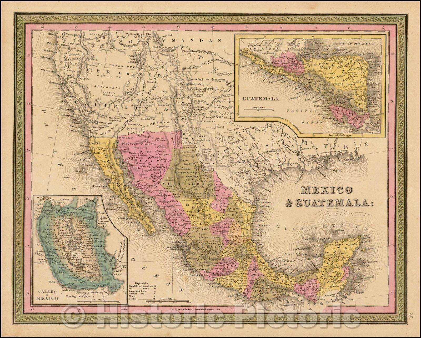 Historic Map - Mexico & Guatemala, 1846, Samuel Augustus Mitchell - Vintage Wall Art