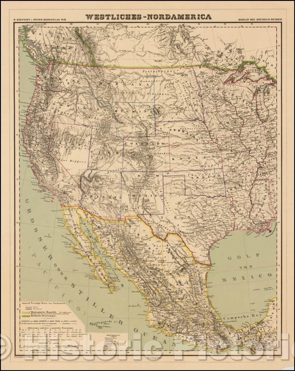 Historic Map - Map of the West/Westliches-Nordamerica, 1867, Heinrich Kiepert - Vintage Wall Art