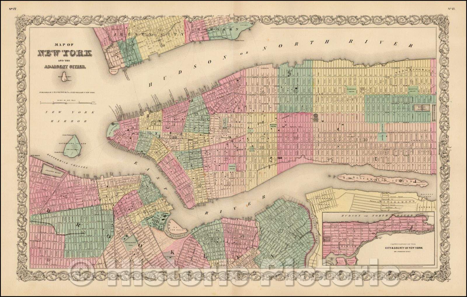 Historic Map - Map of New York And the Adjacent Cities, 1855, Joseph Hutchins Colton v3