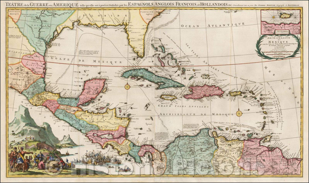 Historic Map - Theater of War in America/Teatre de la Guerre en Amerique telle qu'elle est a present Possedee par les Espagnols, Anglois, Francois, 1705 v2