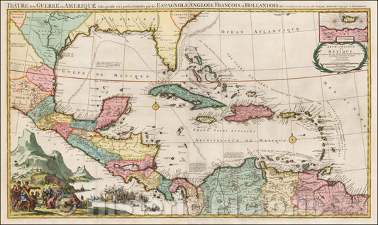Historic Map - Theater of War in America/Teatre de la Guerre en Amerique telle qu'elle est a present Possedee par les Espagnols, Anglois, Francois, 1705 v2