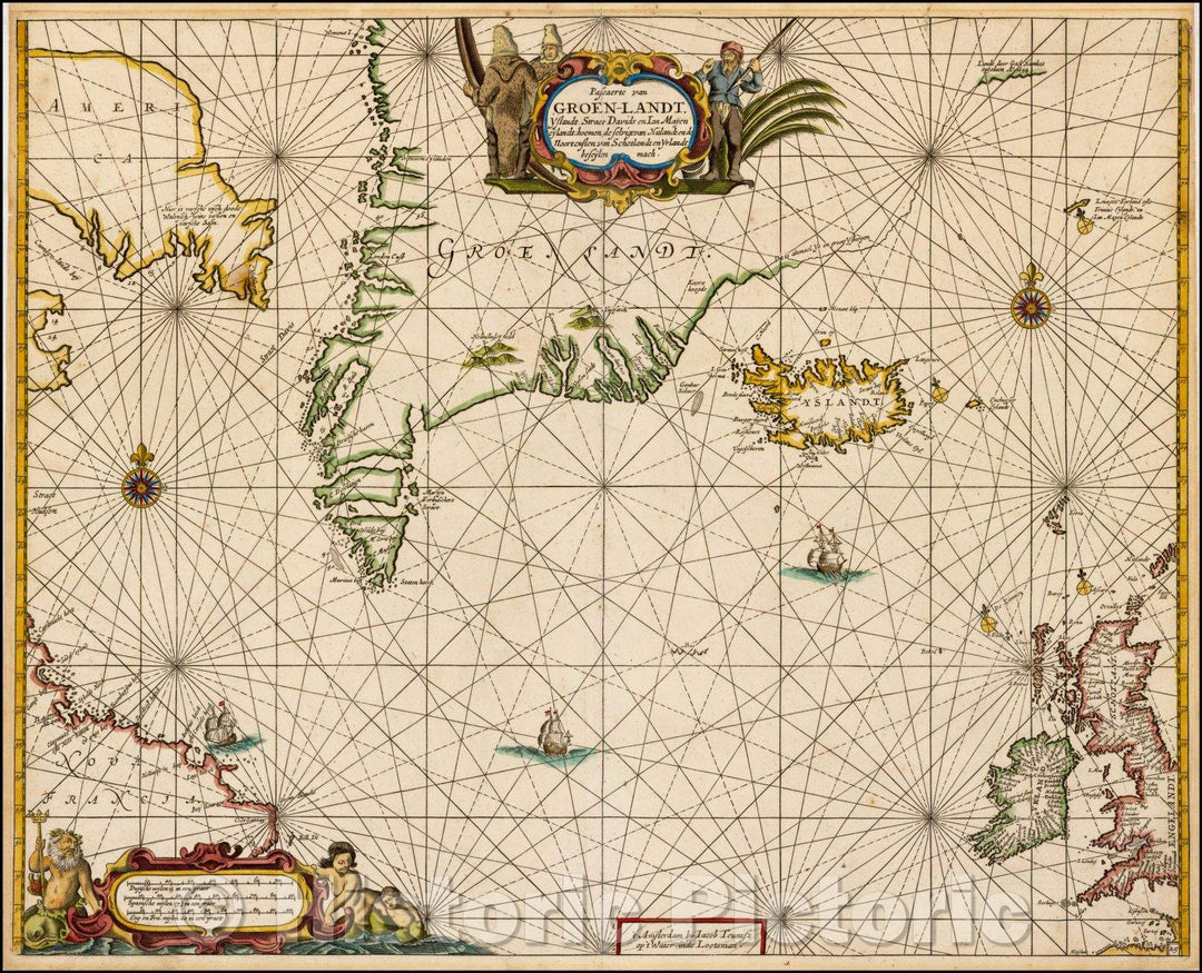 Historic Map - Pascaerte van Groen-Landt, Yslandt, Straet Davids en Ian Mayen Eylandt :: North Atlantic, from northern Canada to the British Isles, 1662 - Vintage Wall Art