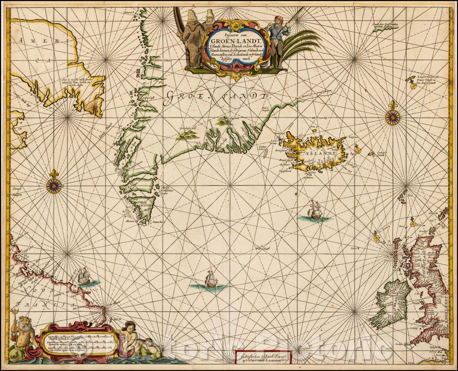 Historic Map - Pascaerte van Groen-Landt, Yslandt, Straet Davids en Ian Mayen Eylandt :: North Atlantic, from northern Canada to the British Isles, 1662 - Vintage Wall Art