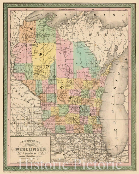Historic Map - The State of Wisconsin, 1852, Thomas, Cowperthwait & Co. v2