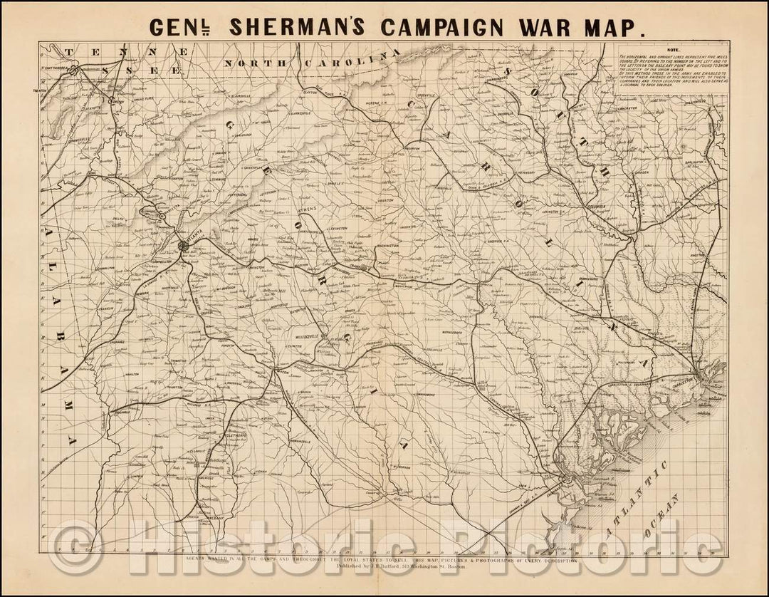 Historic Map - Genl. Sherman's Campaign War Map, 1865, J.H. Bufford - Vintage Wall Art