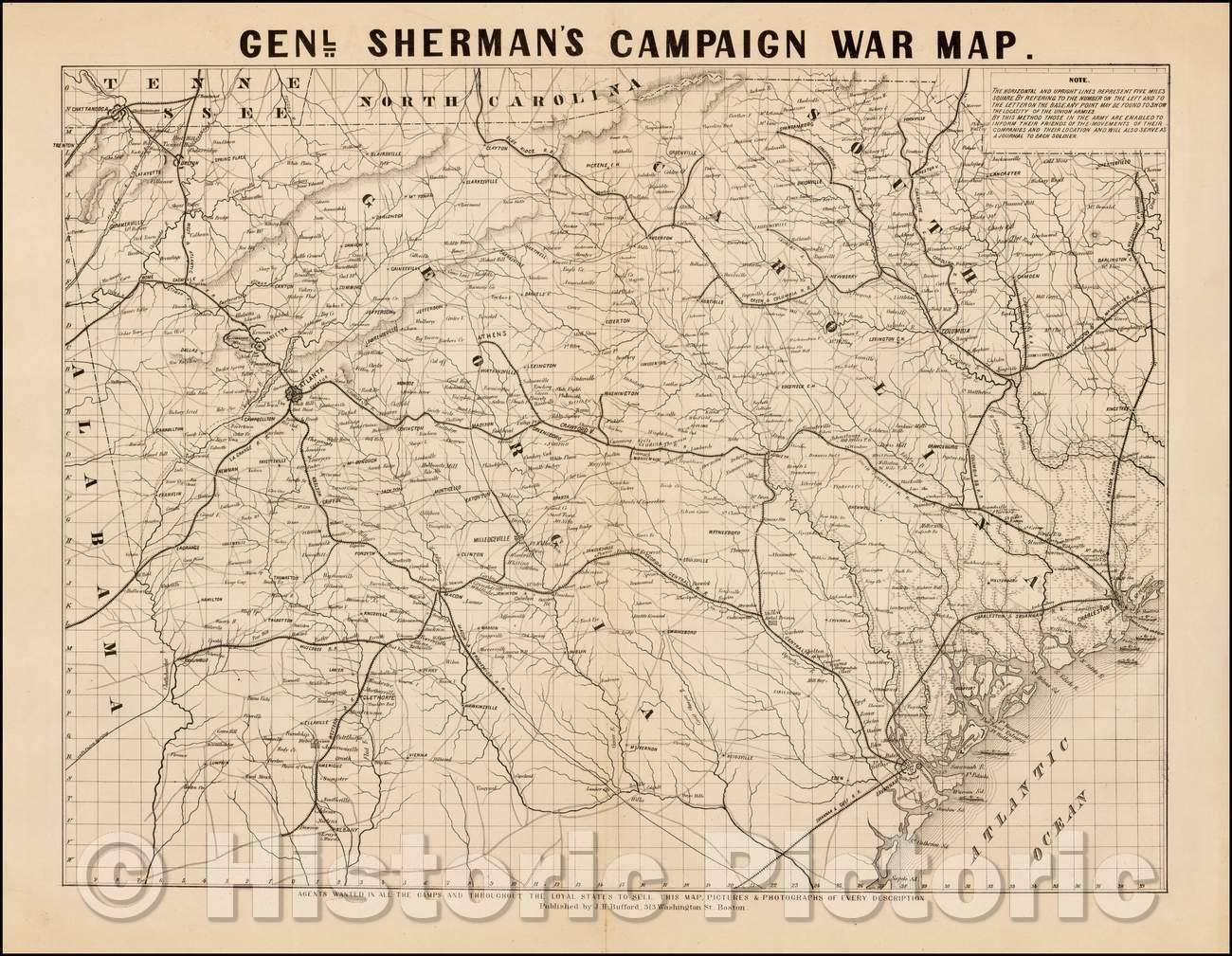 Historic Map - Genl. Sherman's Campaign War Map, 1865, J.H. Bufford - Vintage Wall Art