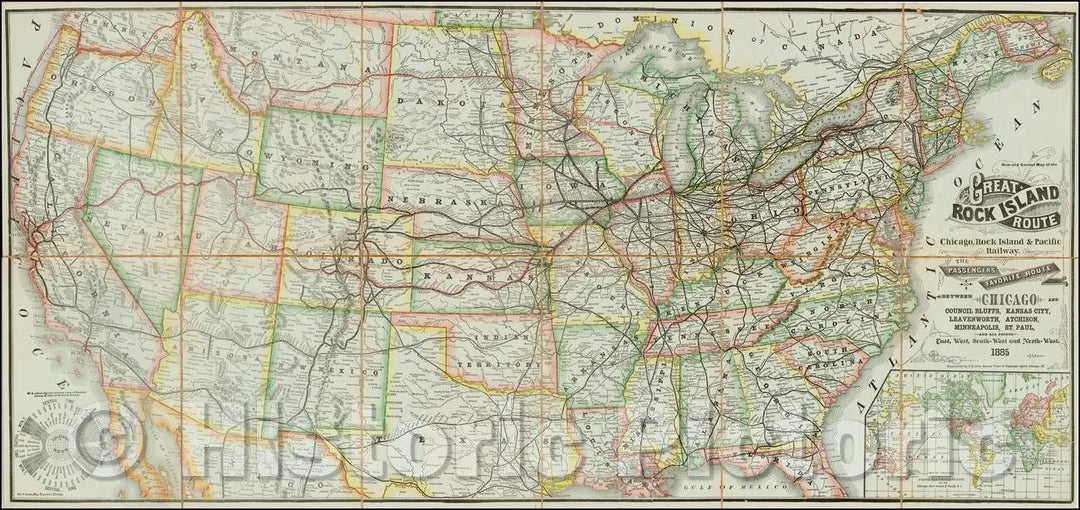 Historic Map - New and Correct Map of the Great Rock Island Route Chicago, Rock Island & Pacific Railway, 1885, George F. Cram - Vintage Wall Art