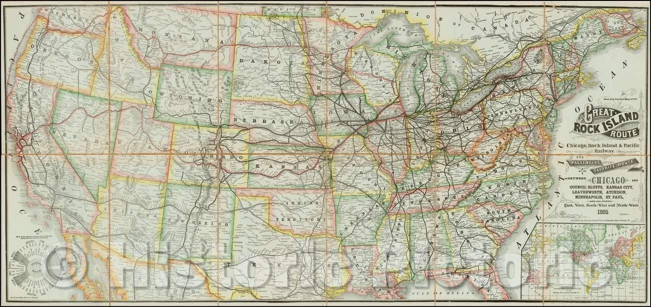 Historic Map - New and Correct Map of the Great Rock Island Route Chicago, Rock Island & Pacific Railway, 1885, George F. Cram - Vintage Wall Art