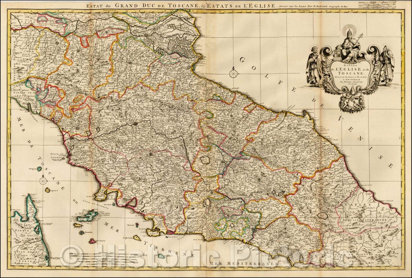 Historic Map - Estats de L'Eglise et de Toscane/Map of Tuscany and the Church of the State, from De Fer's Atlas Curieux, 1696, Pieter Mortier - Vintage Wall Art