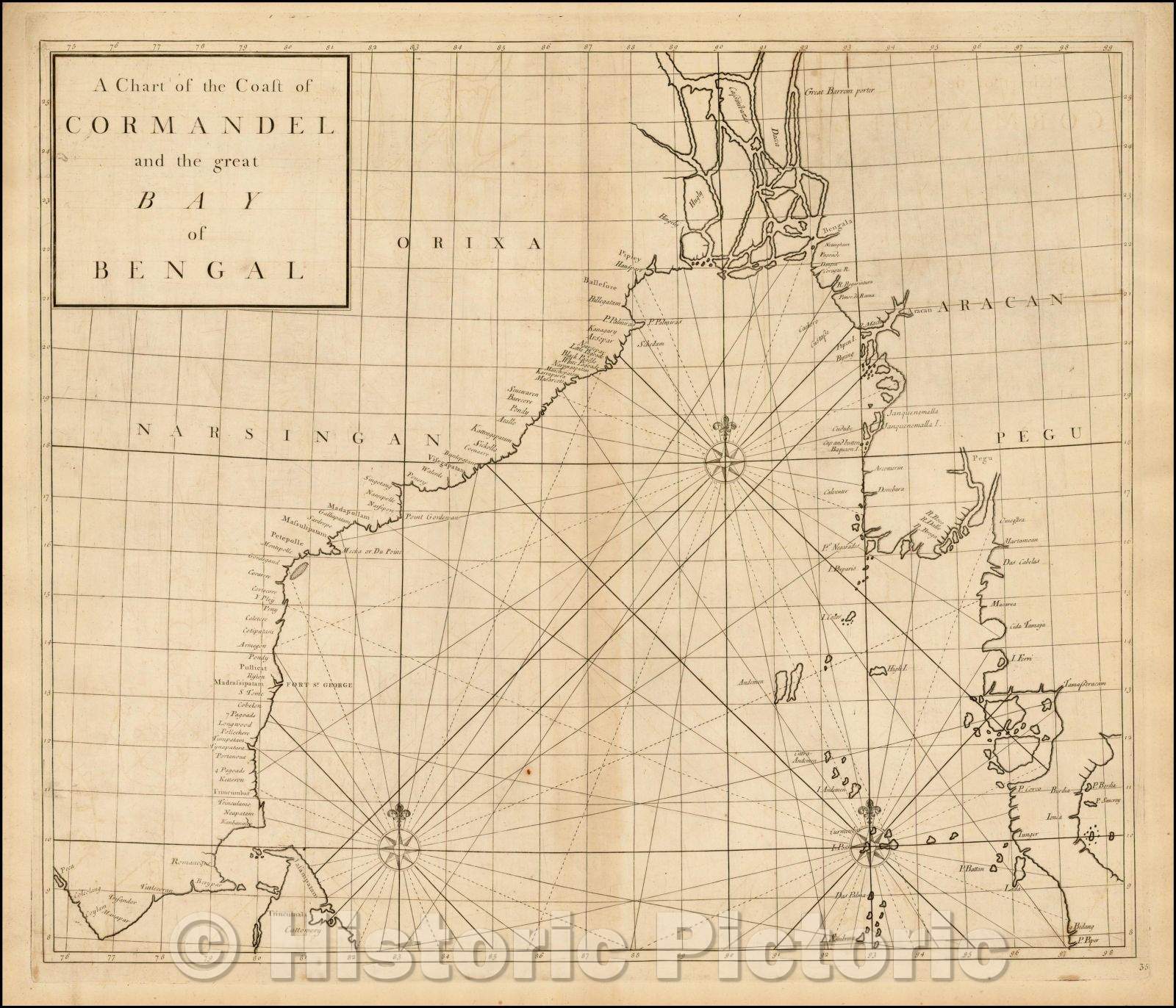 Historic Map - A chart of the Coast of Coromandel and the great Bay of Bengal, 1728, John Senex - Vintage Wall Art
