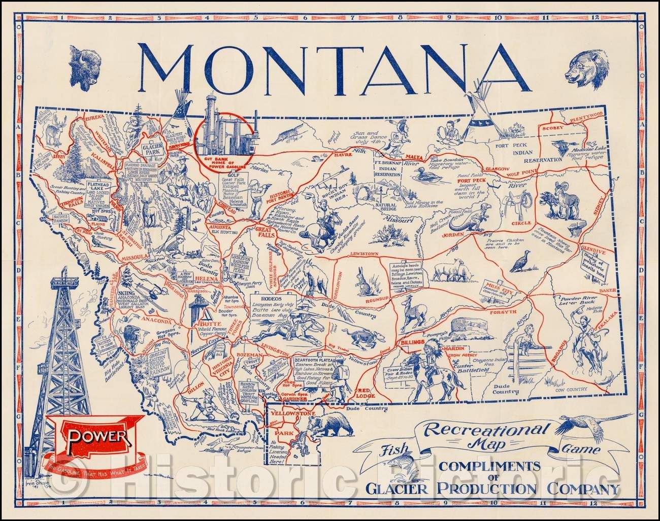 Historic Map - Montana Recreational Fish Game Map Compliments of Glacier Production Company, 1941, Irvin Shope - Vintage Wall Art