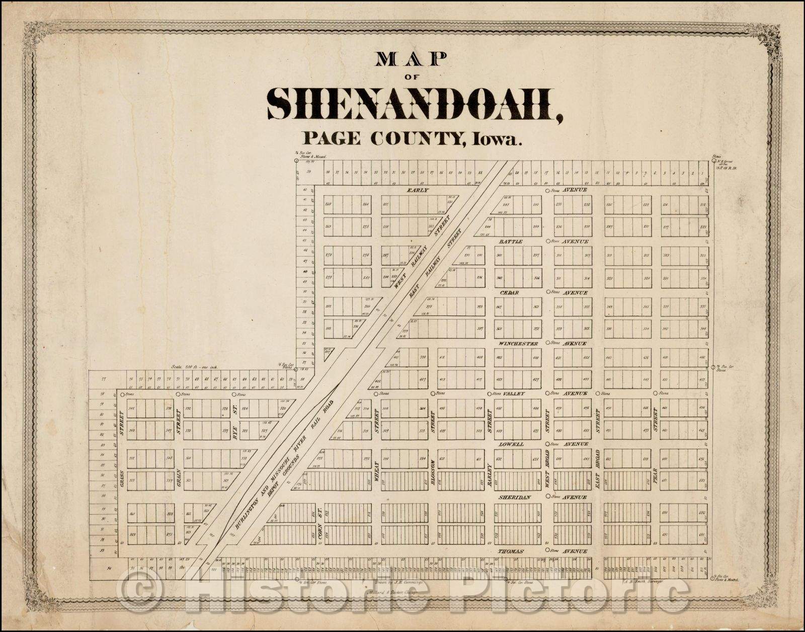 Historic Map - Map of Shenandoah, Page County, Iowa, 1870, Millard & Decker - Vintage Wall Art