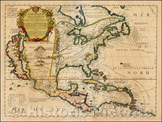 Historic Map - L'Amerique Septentrionale ou la Partie Septentrionale des Indes Occidentales Dressee sur les Memoires les plus Nouveaus Corigee, 1704 - Vintage Wall Art