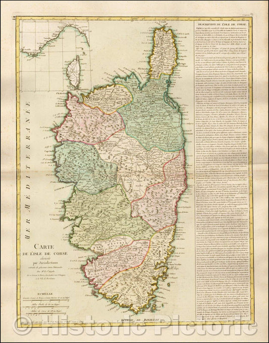 Historic Map - Carte de l'Isle de Corse divisee par Jurisdictions extraite de plusiuers C :: of Isle of Corsica divided, 1768 - Vintage Wall Art