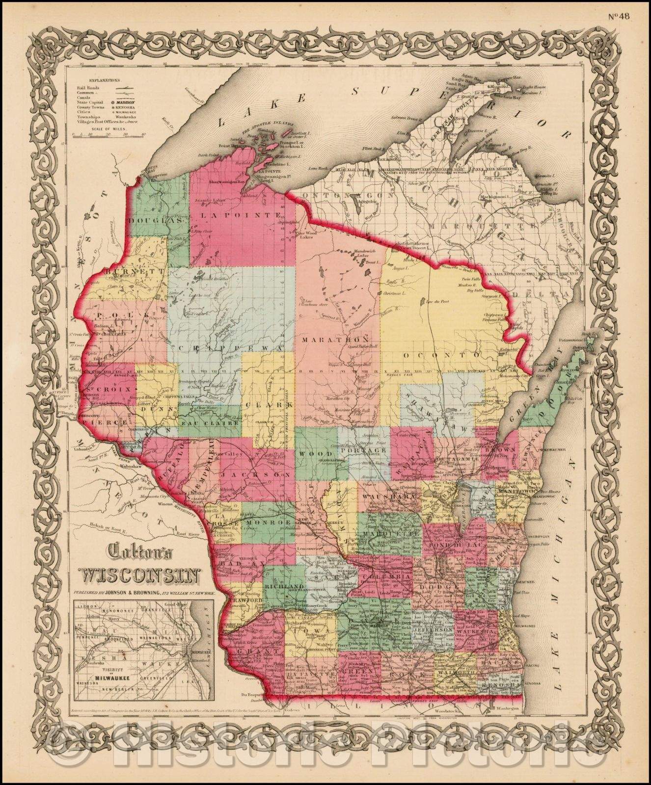 Historic Map - Colton's Wisconsin, 1859, Joseph Hutchins Colton - Vintage Wall Art
