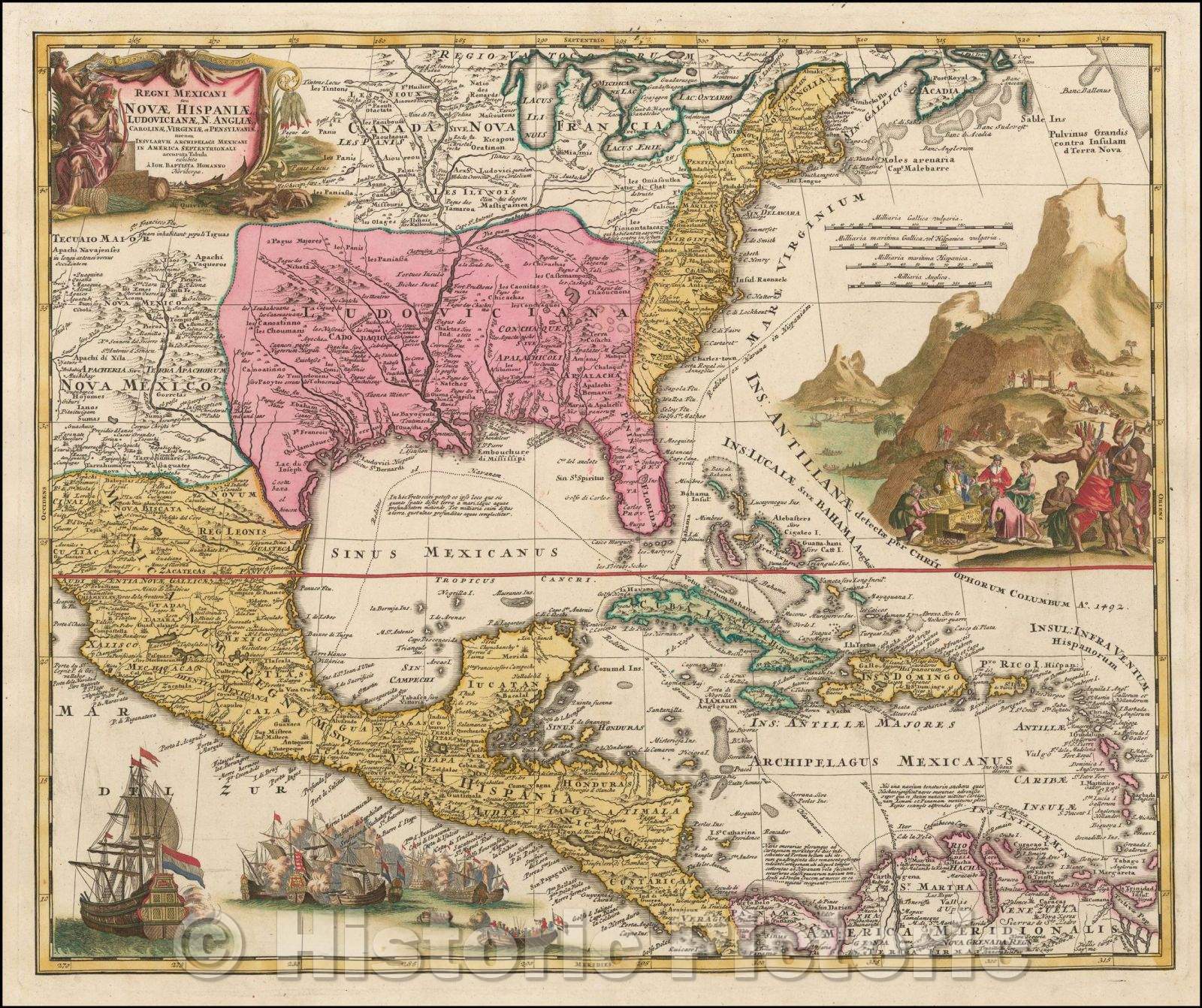 Historic Map - Regni Mexicani seu Novae Hispaniae Ludovicianae N. Angliae, Carolinae, Virginia, et Pennsylvaniae, 1720, Johann Baptist Homann v5