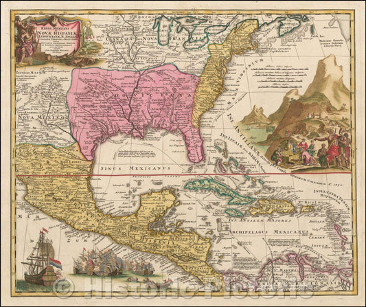 Historic Map - Regni Mexicani seu Novae Hispaniae Ludovicianae N. Angliae, Carolinae, Virginia, et Pennsylvaniae, 1720, Johann Baptist Homann v5