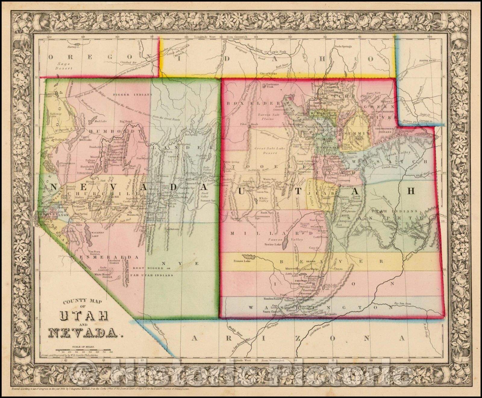 Historic Map - County Map of Utah and Nevada, 1865, Samuel Augustus Mitchell Jr. - Vintage Wall Art