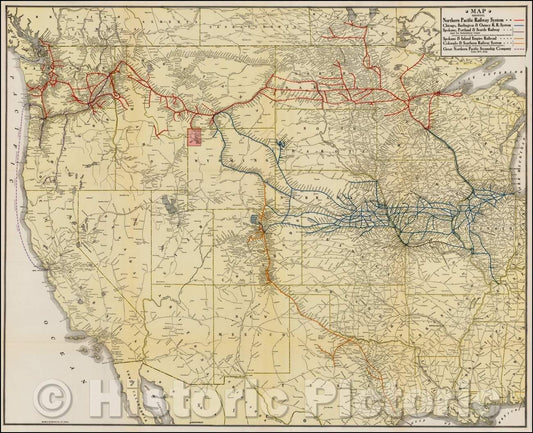 Historic Map - Map Showing Northern Railway System/Chicago, Burlington & Qunicy R.R. System/Spokane, Portland & Seattle Railway, 1916, McGill-Warner Co. - Vintage Wall Art