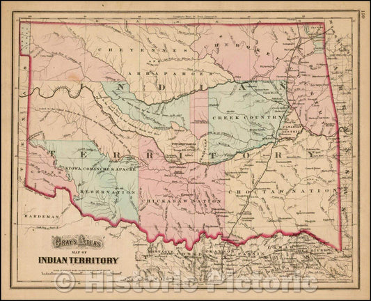 Historic Map - Gray's Atlas Map of Indian Territory, 1873, O.W. Gray - Vintage Wall Art