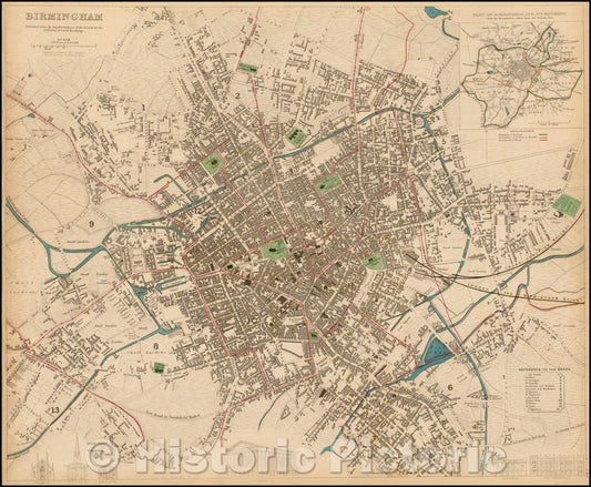 Historic Map - Birmingham, United Kingdom, 1839, SDUK - Vintage Wall Art