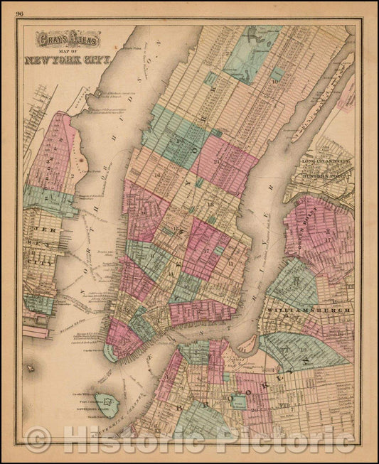 Historic Map - Gray's Atlas Map of New York City, 1874, O.W. Gray - Vintage Wall Art