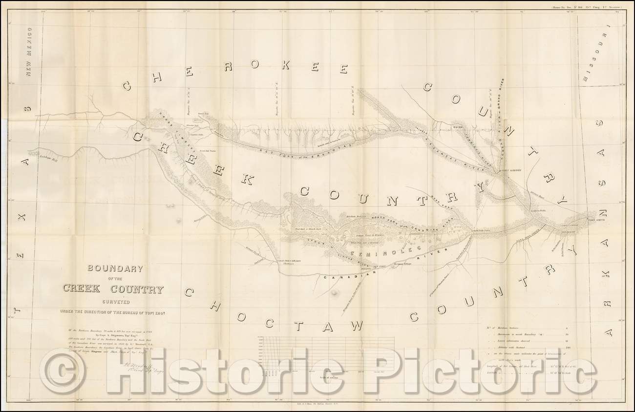 Historic Map - Boundary of the Creek Country Surveyed, 1858, United States War Dept. - Vintage Wall Art