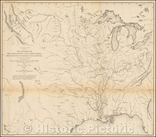 Historic Map - The Basins of The Mississippi and Tributaries, Their Systems of Drainage and Downfall. Prepared, 1861 - Vintage Wall Art