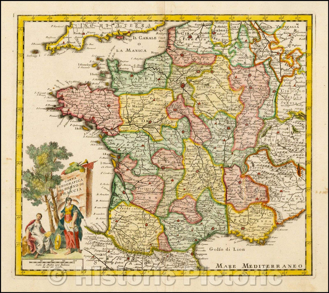 Historic Map - Carta Geografica del Regno Di Francia/Map of France, based upon De L'Ise's Map, 1740, Giambattista Albrizzi - Vintage Wall Art