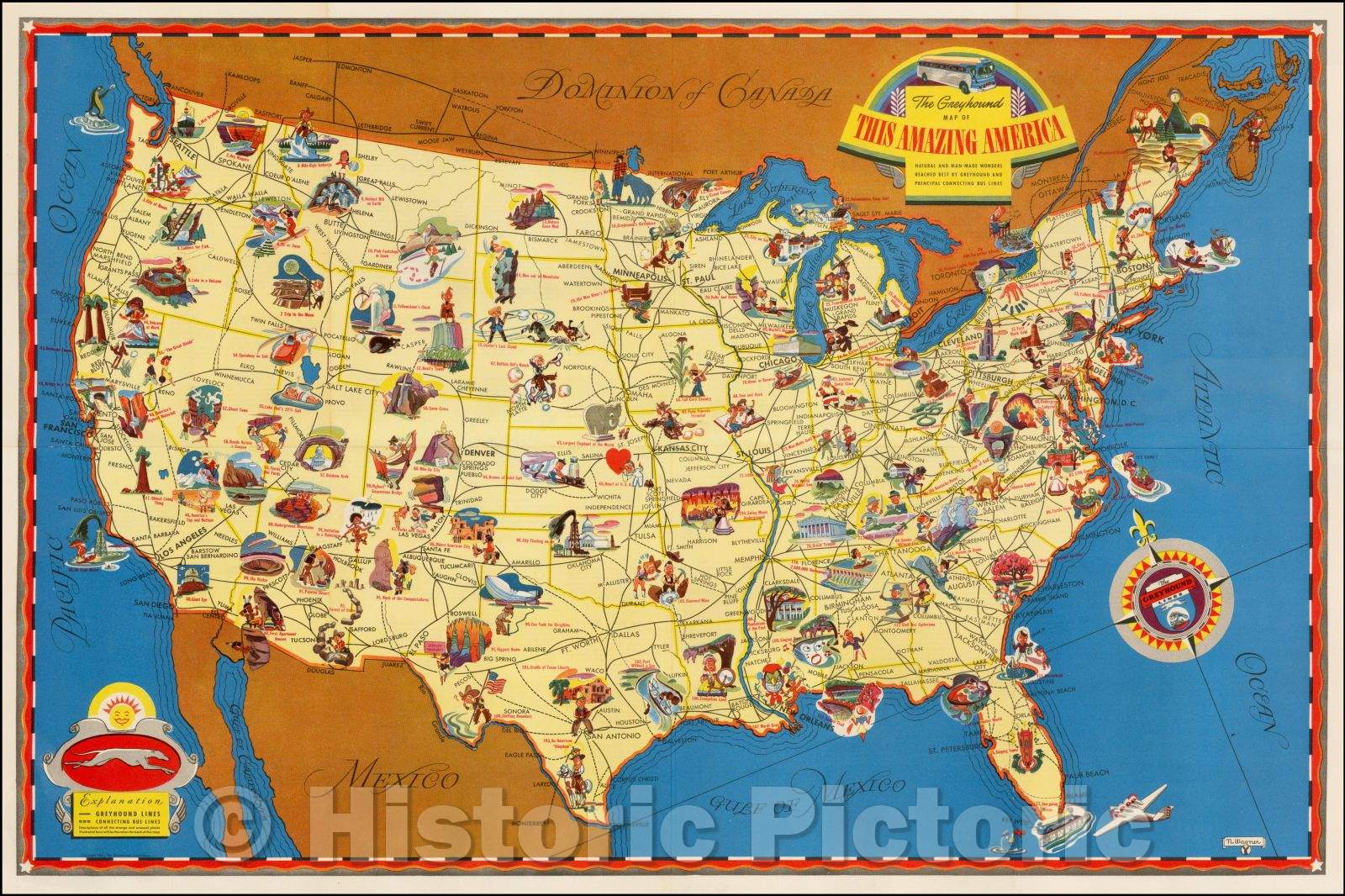 Historic Map - The Greyhound Map of This Amazing America, 1941, N. Wagner - Vintage Wall Art
