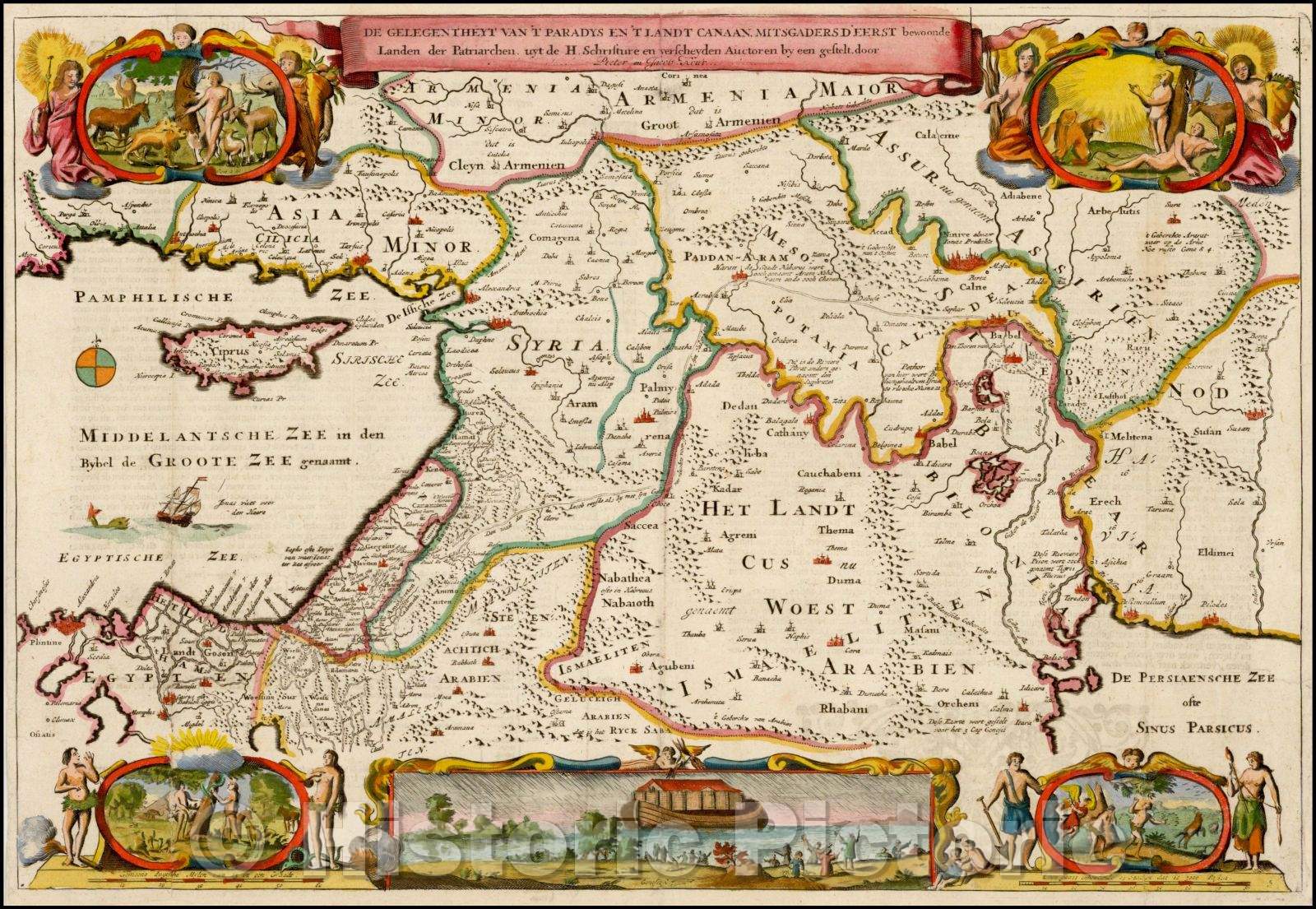 Historic Map - De Gelegentheyt Van 'T Paradys En 'T Lant Canaan, Mitsgaders D'Eerst bewoonde Landen der Patriacrchen uyt de H.Schifture, 1730, Hendrick Keur v2