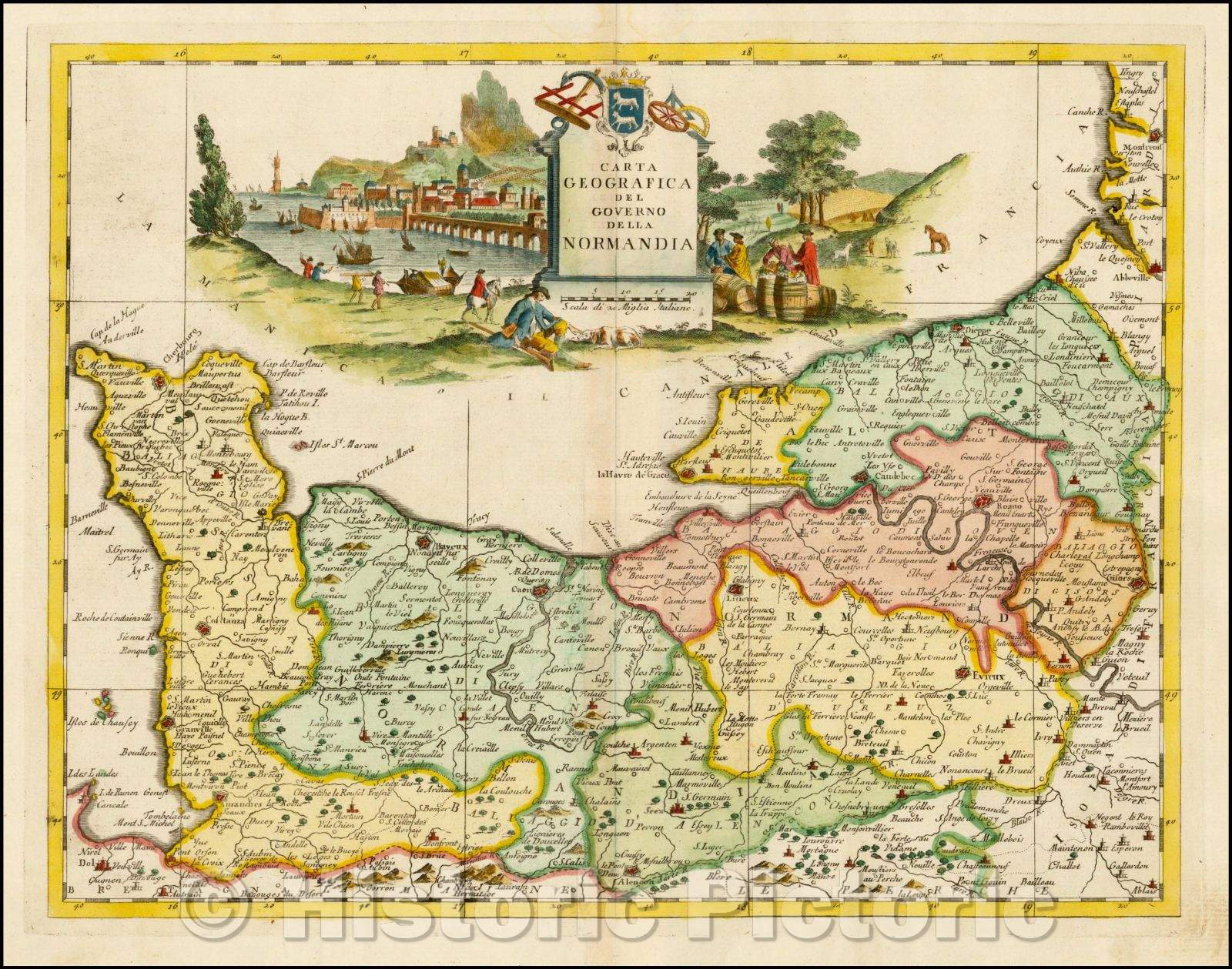 Historic Map - Carta Geografica del Governo Della Normandia/Map of the Normandie (Normandy), based upon De L'Ise's Map, 1740, Giambattista Albrizzi - Vintage Wall Art