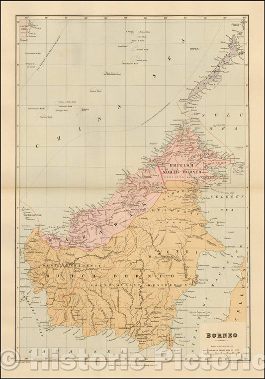 Historic Map - Borneo, 1896, Edward Stanford - Vintage Wall Art