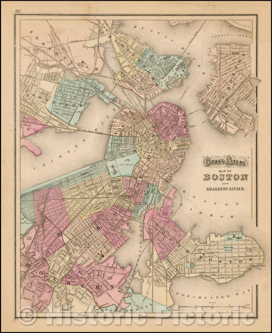 Historic Map - Gray's Atlas Map of Boston and Adjacent Cities, 1873, O.W. Gray - Vintage Wall Art