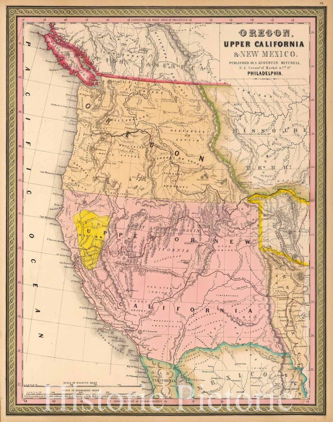 Historic Map - Oregon, Upper California, New Mexico [Gold Region Shown in Gold!], 1849, Samuel Augustus Mitchell v4